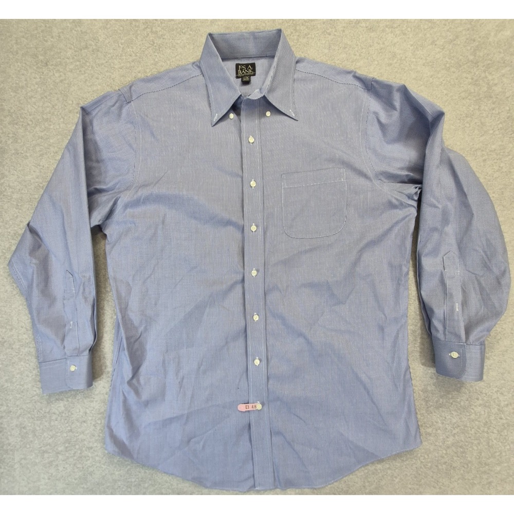 Jos A Bank Traveler's Collection Dress Shirt 17 34 Blue White Houndstooth Cotton